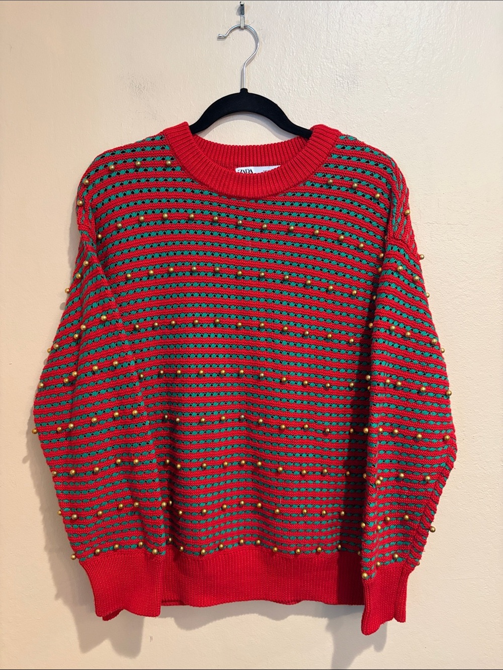 Zara Festive Red & Green Heavy Knit Crew Neck Sweater w/ Gold Ball Accents, L